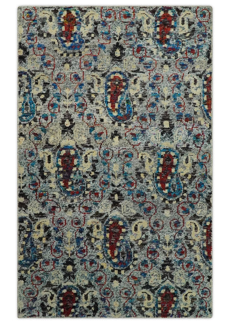 5x8 Hand Knotted Persian Style Ivory And Silver Recycled Silk Area Rug