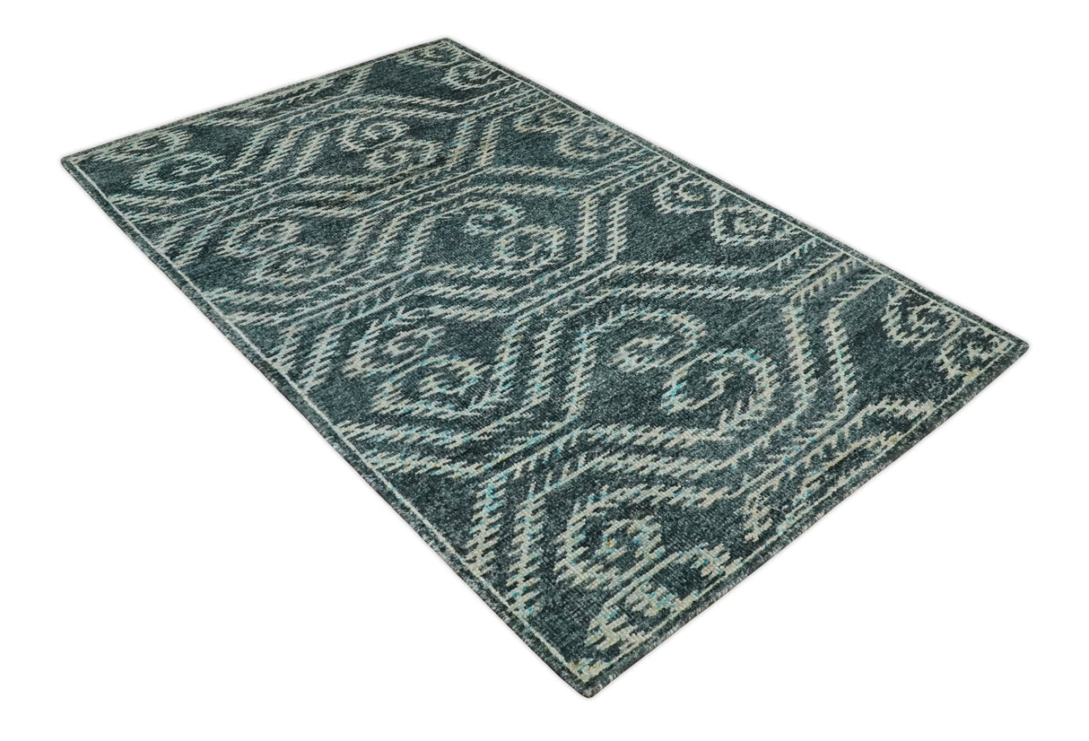 5x8 Hand Knotted Teal and Ivory Modern Contemporary Recycled Silk Area Rug