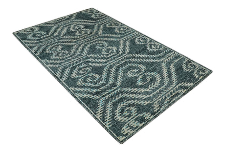 5x8 Hand Knotted Teal and Ivory Modern Contemporary Recycled Silk Area Rug