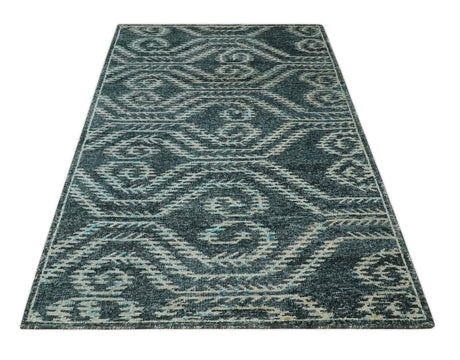 5x8 Hand Knotted Teal and Ivory Modern Contemporary Recycled Silk Area Rug