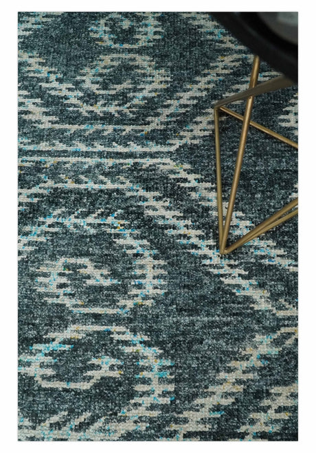 5x8 Hand Knotted Teal and Ivory Modern Contemporary Recycled Silk Area Rug