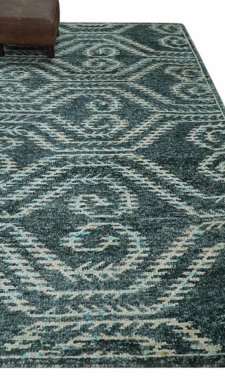 5x8 Hand Knotted Teal and Ivory Modern Contemporary Recycled Silk Area Rug