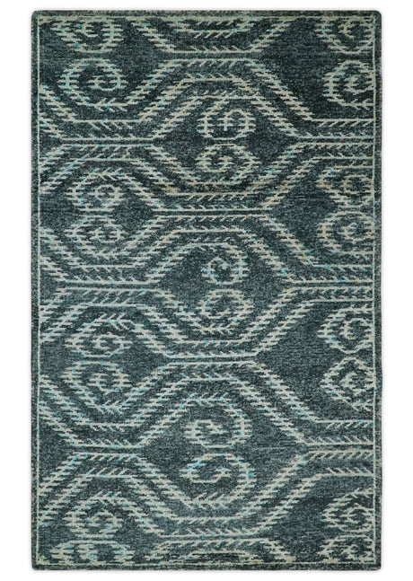 5x8 Hand Knotted Teal and Ivory Modern Contemporary Recycled Silk Area Rug