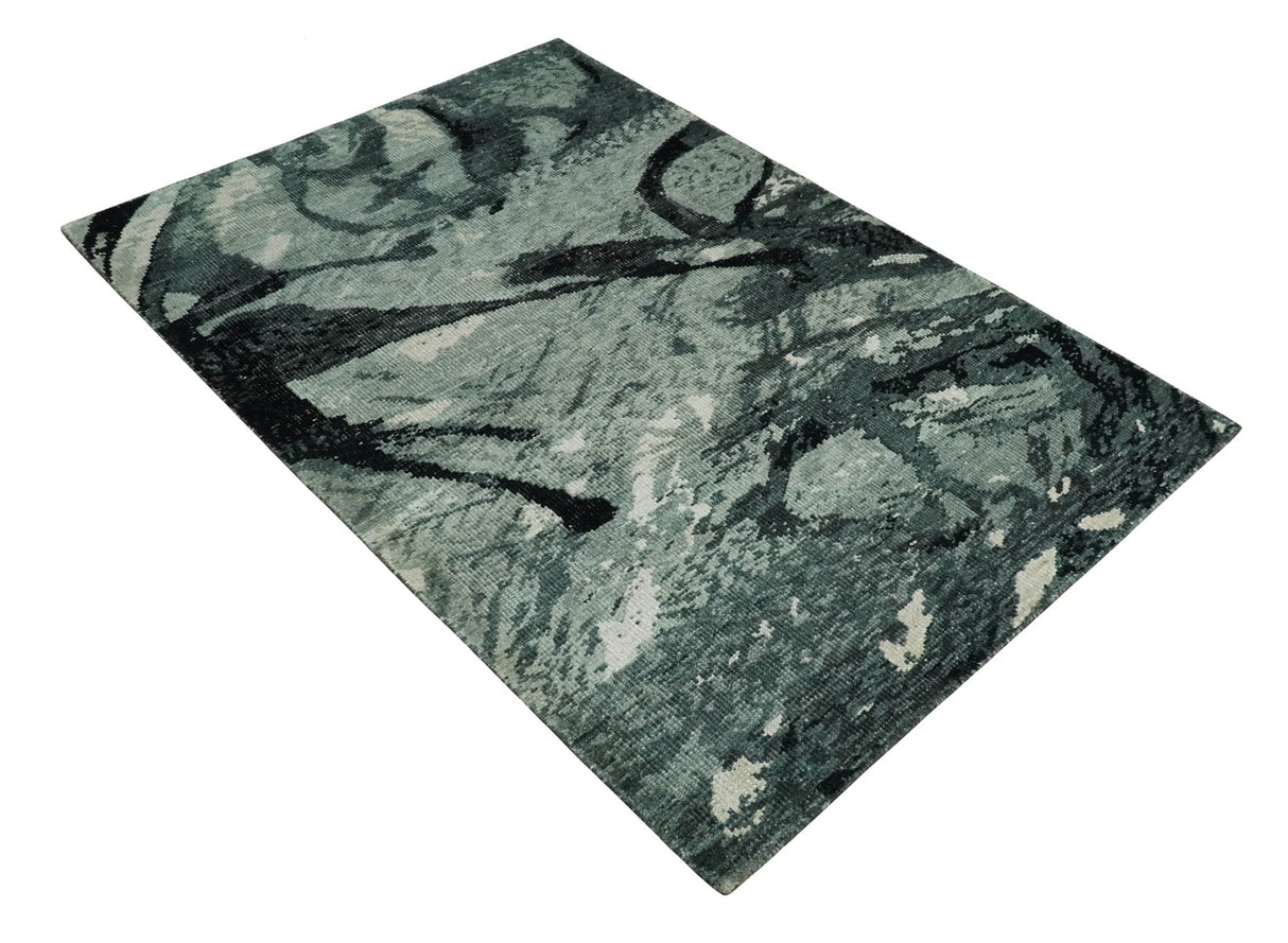 5x8 Hand Knotted Teal, Black and Ivory Antique Contemporary Bamboo Silk Area Rug