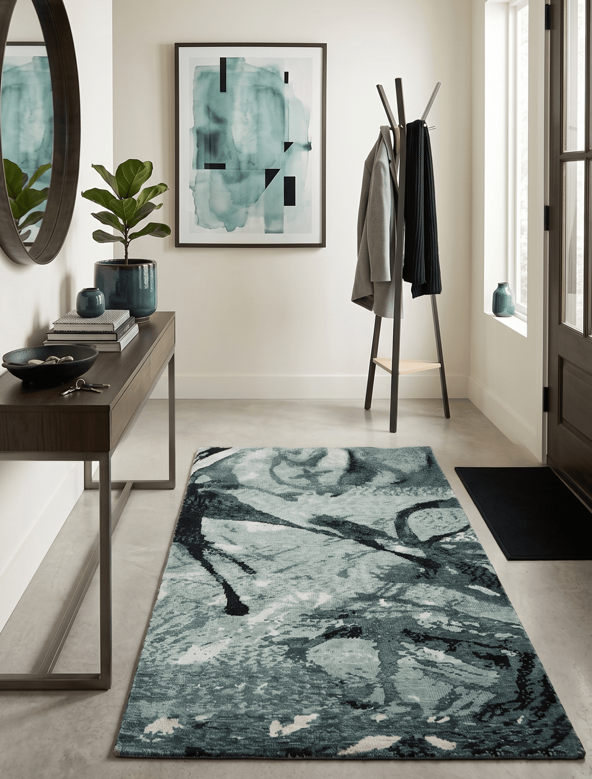 5x8 Hand Knotted Teal, Black and Ivory Antique Contemporary Bamboo Silk Area Rug