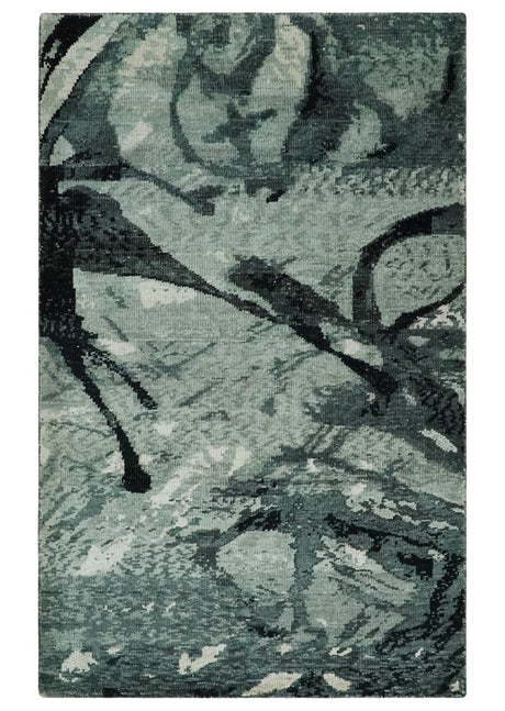 5x8 Hand Knotted Teal, Black and Ivory Antique Contemporary Bamboo Silk Area Rug