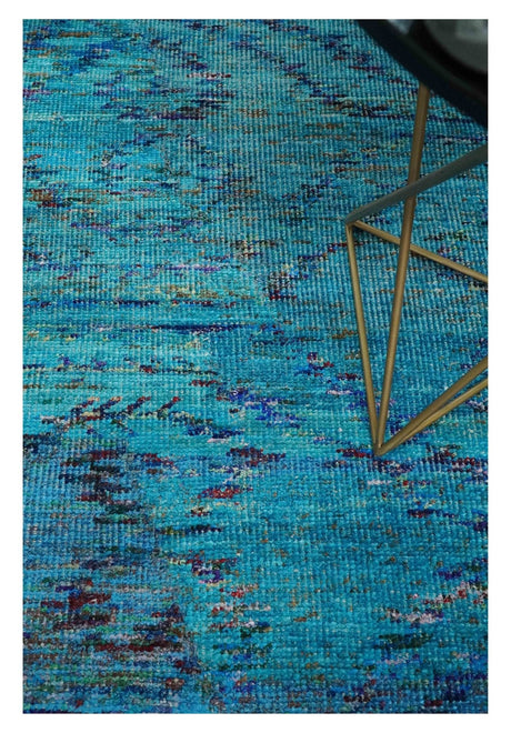 5x8 Hand Knotted Teal Blue and Violet Modern Contemporary Recycled Silk Area Rug