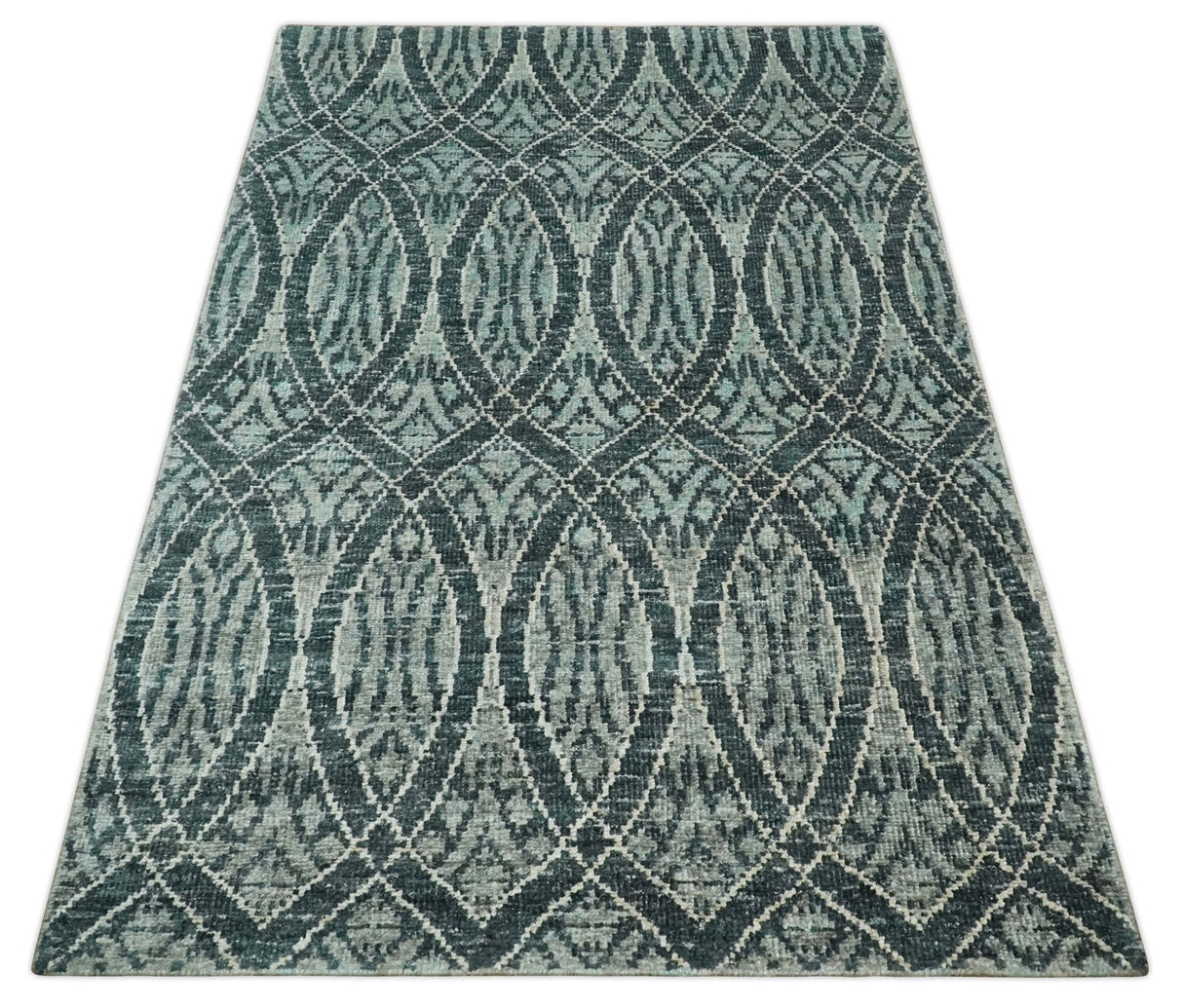 5x8 Hand Knotted Teal, Ivory and Blue Modern Style Recycled Silk Area Rug
