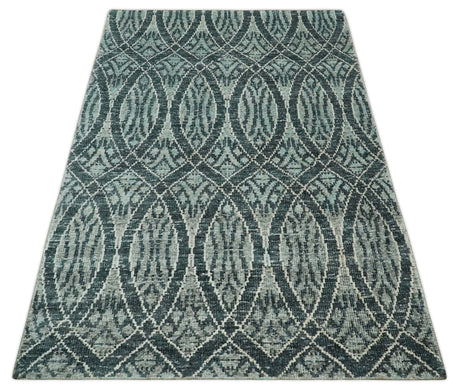 5x8 Hand Knotted Teal, Ivory and Blue Modern Style Recycled Silk Area Rug
