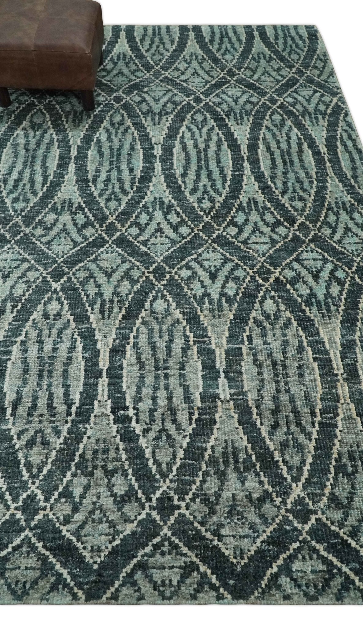 5x8 Hand Knotted Teal, Ivory and Blue Modern Style Recycled Silk Area Rug