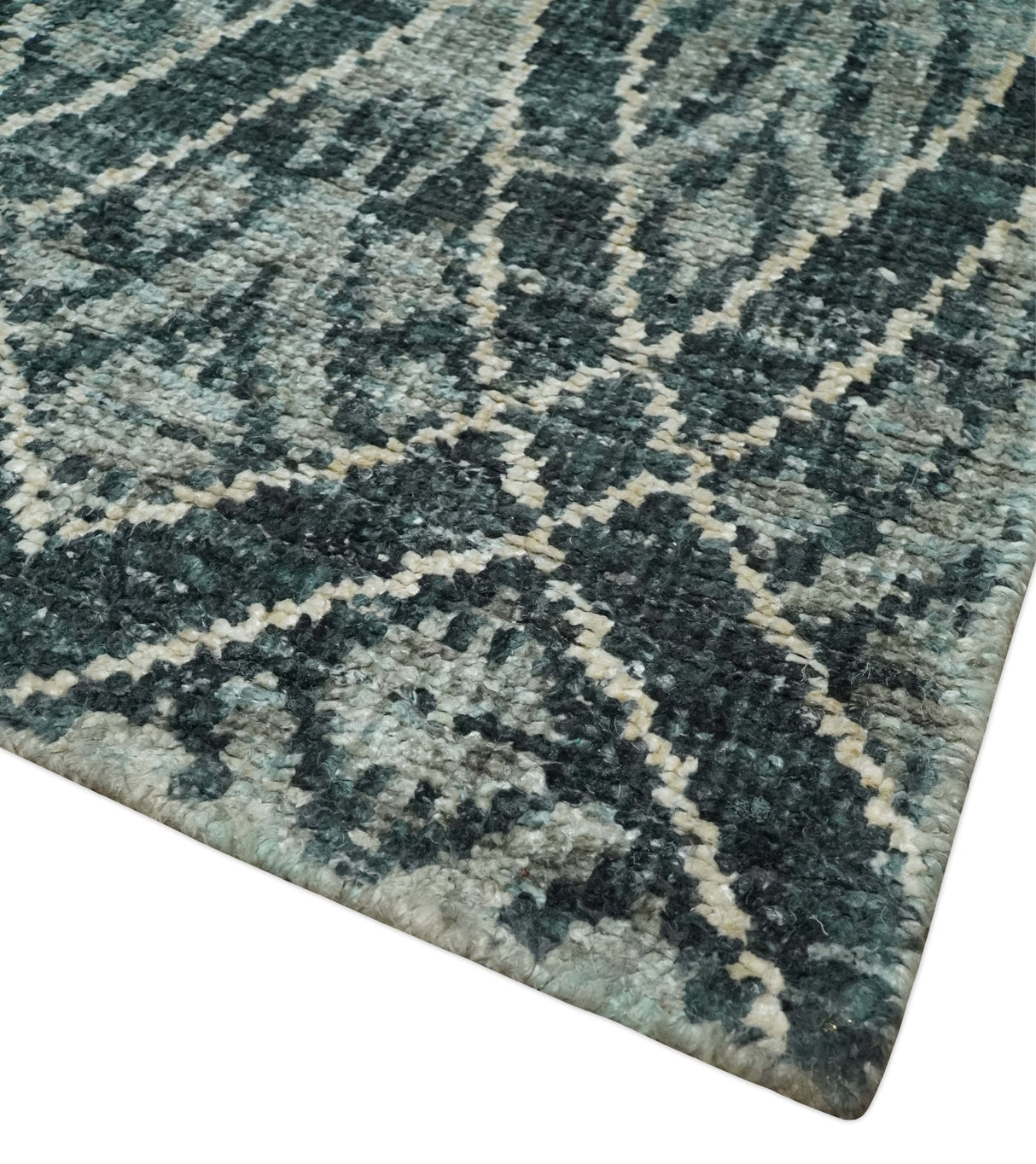 5x8 Hand Knotted Teal, Ivory and Blue Modern Style Recycled Silk Area Rug