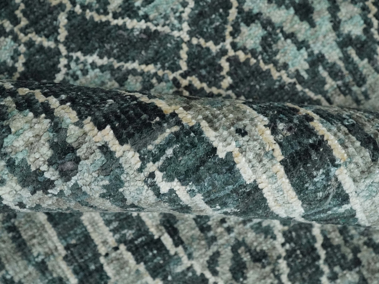5x8 Hand Knotted Teal, Ivory and Blue Modern Style Recycled Silk Area Rug