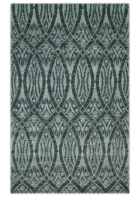 5x8 Hand Knotted Teal, Ivory and Blue Modern Style Recycled Silk Area Rug