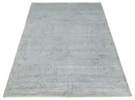 5x8 Hand Woven and hand carved Carved Silver and Gray Floral Art Silk Rug | KNT9