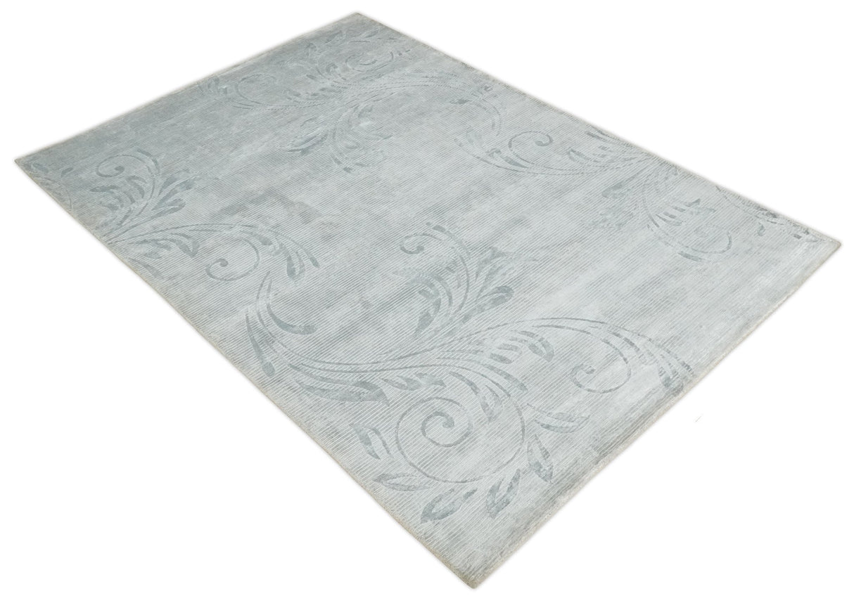 5x8 Hand Woven and hand carved Carved Silver and Gray Floral Art Silk Rug | KNT9-Area Rug-Parc Decor