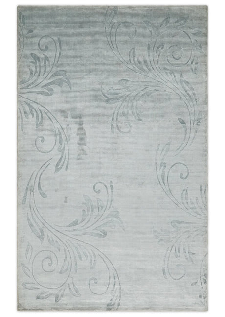 5x8 Hand Woven and hand carved Carved Silver and Gray Floral Art Silk Rug | KNT9-Area Rug-Parc Decor