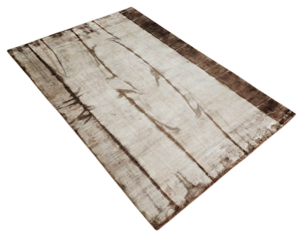 5x8 Hand Woven Beige and Brown Modern Floral Art Silk Rug