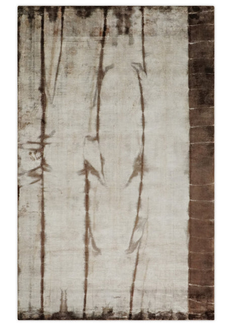5x8 Hand Woven Beige and Brown Modern Floral Art Silk Rug