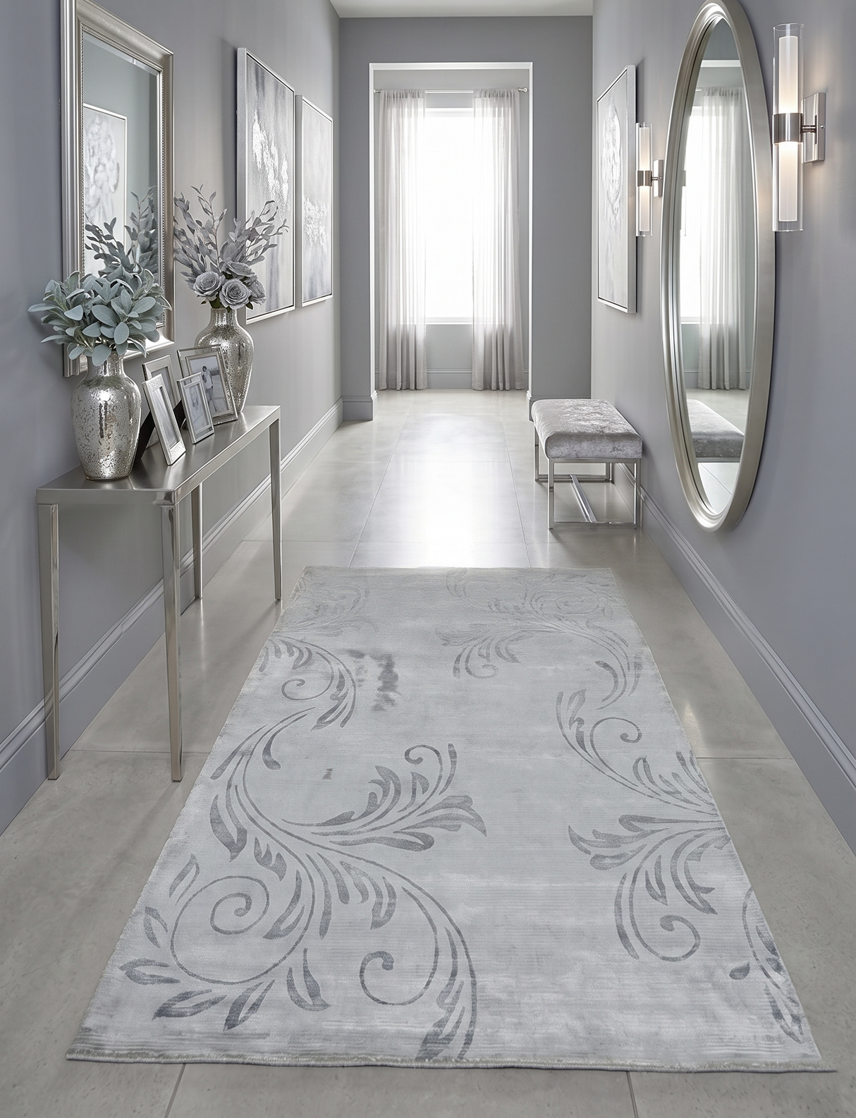 5x8 Hand Woven Silver and Gray Modern Floral Art Silk Rug