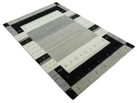 5x8 Ivory and Black Striped Wool Hand Woven Southwestern Gabbeh Rug