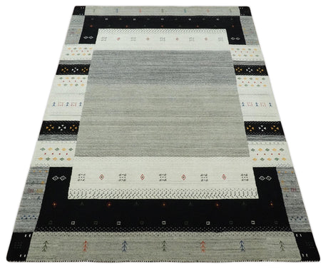 5x8 Ivory and Black Striped Wool Hand Woven Southwestern Gabbeh Rug
