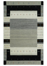 5x8 Ivory and Black Striped Wool Hand Woven Southwestern Gabbeh Rug