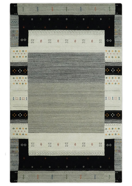 5x8 Ivory and Black Striped Wool Hand Woven Southwestern Gabbeh Rug