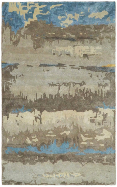 5x8 Modern Abstract Handmade Brown and Blue fine Wool art silk Area Rug-Area Rug-Parc Decor