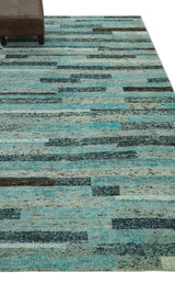 5x8 Modern Geomatical Aqua, Gray and Silver Stripes Design Hand Knotted wool Rug