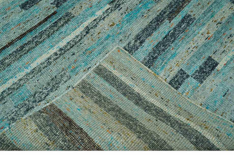 5x8 Modern Geomatical Aqua, Gray and Silver Stripes Design Hand Knotted wool Rug