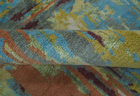 5x8 Olive, Dark Peach, Aqua and Maroon Modern Abstract Hand Knotted wool Area Rug