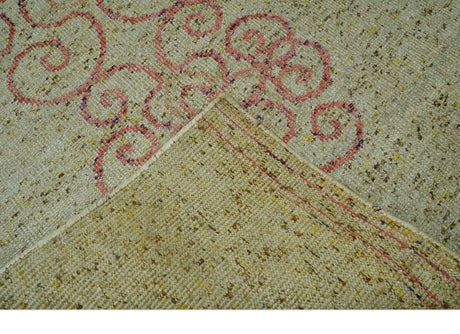 5x8 Olive, Silver and dark Peach Hand Knotted Traditional Floral wool area Rug