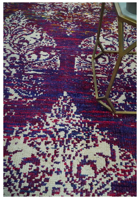 5x8 Purple, Maroon and Ivory Traditional Large Ikat Design Hand Knotted wool Area Rug