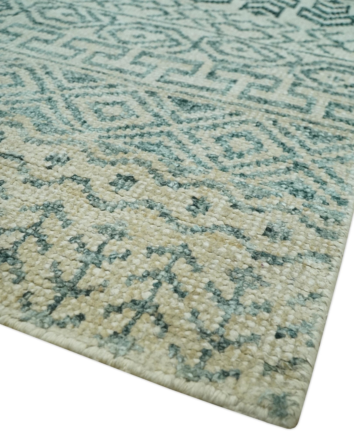 5x8 Teal and Silver Hand Knotted Southwestern Tribal Trellis wool Area Rug