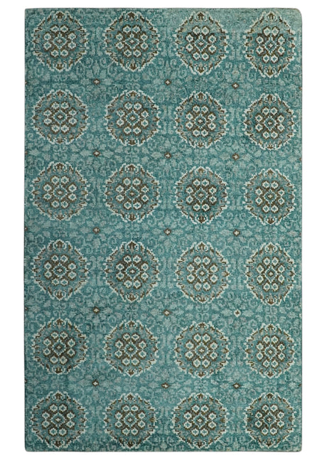 5x8 Traditional Damask Floral Design Blue, Ivory and Olive wool area rug
