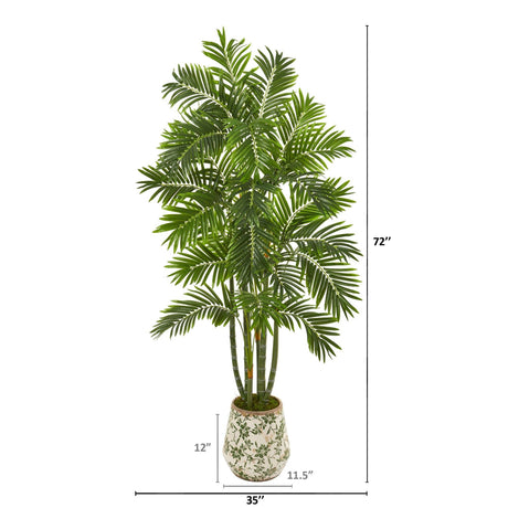 6’ Areca Palm Artificial Tree in Vintage Green Floral Planter-Parc Decor