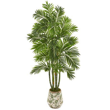 6’ Areca Palm Artificial Tree in Vintage Green Floral Planter-Parc Decor