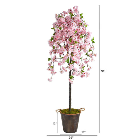 6' Artificial Cherry Blossom Tree in Decorative Metal Pail with Rope-Parc Decor