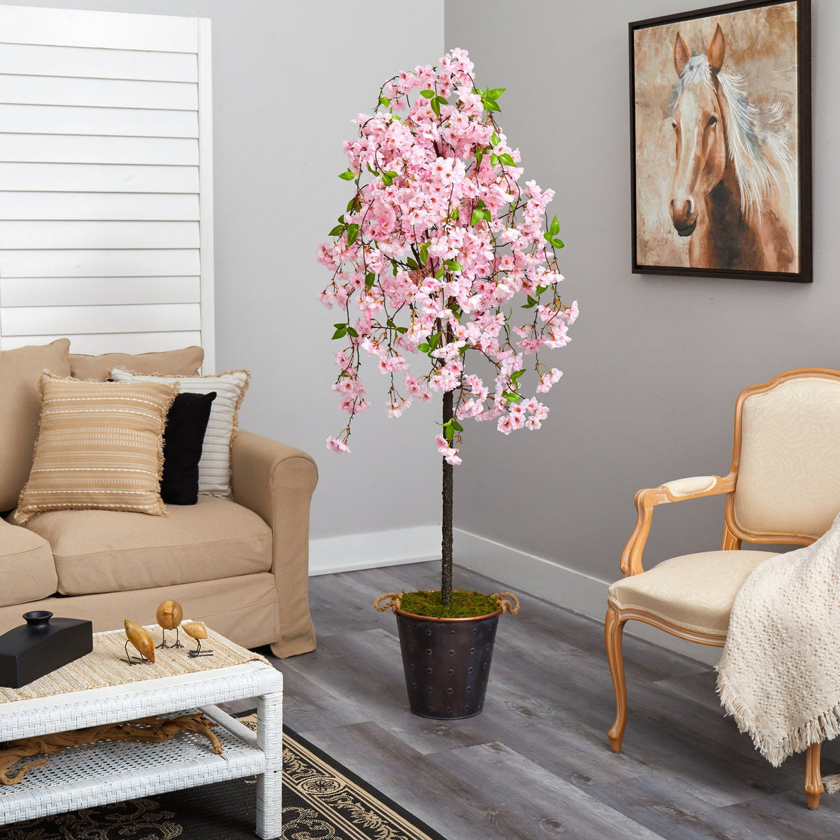 6' Artificial Cherry Blossom Tree in Decorative Metal Pail with Rope-Parc Decor