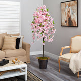 6' Artificial Cherry Blossom Tree in Decorative Metal Pail with Rope-Parc Decor
