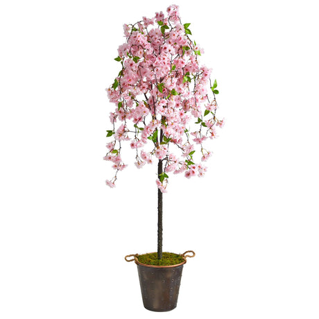 6' Artificial Cherry Blossom Tree in Decorative Metal Pail with Rope-Parc Decor