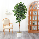 6’ Ficus Artificial Tree in White Tin Planter-Parc Decor