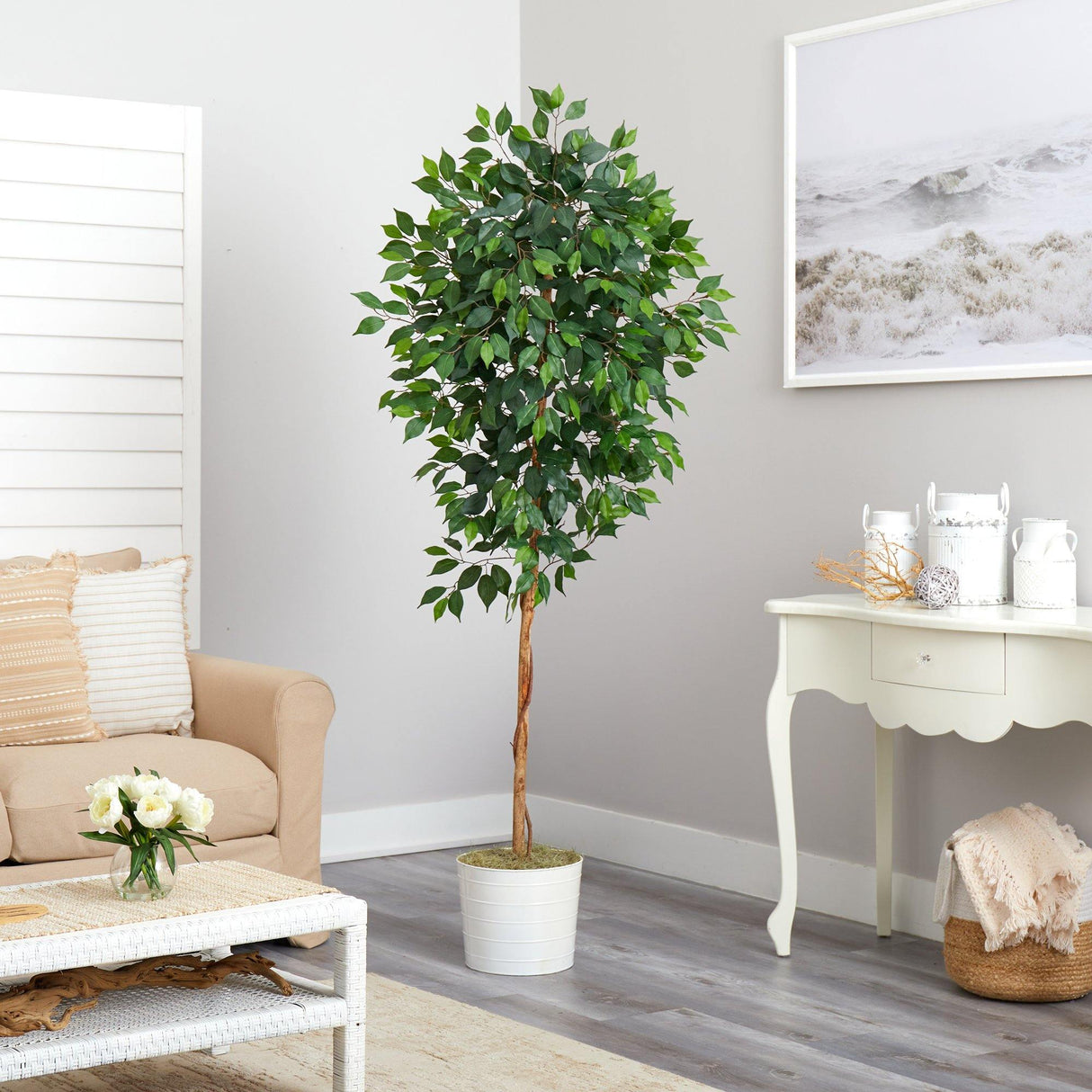 6’ Ficus Artificial Tree in White Tin Planter-Parc Decor