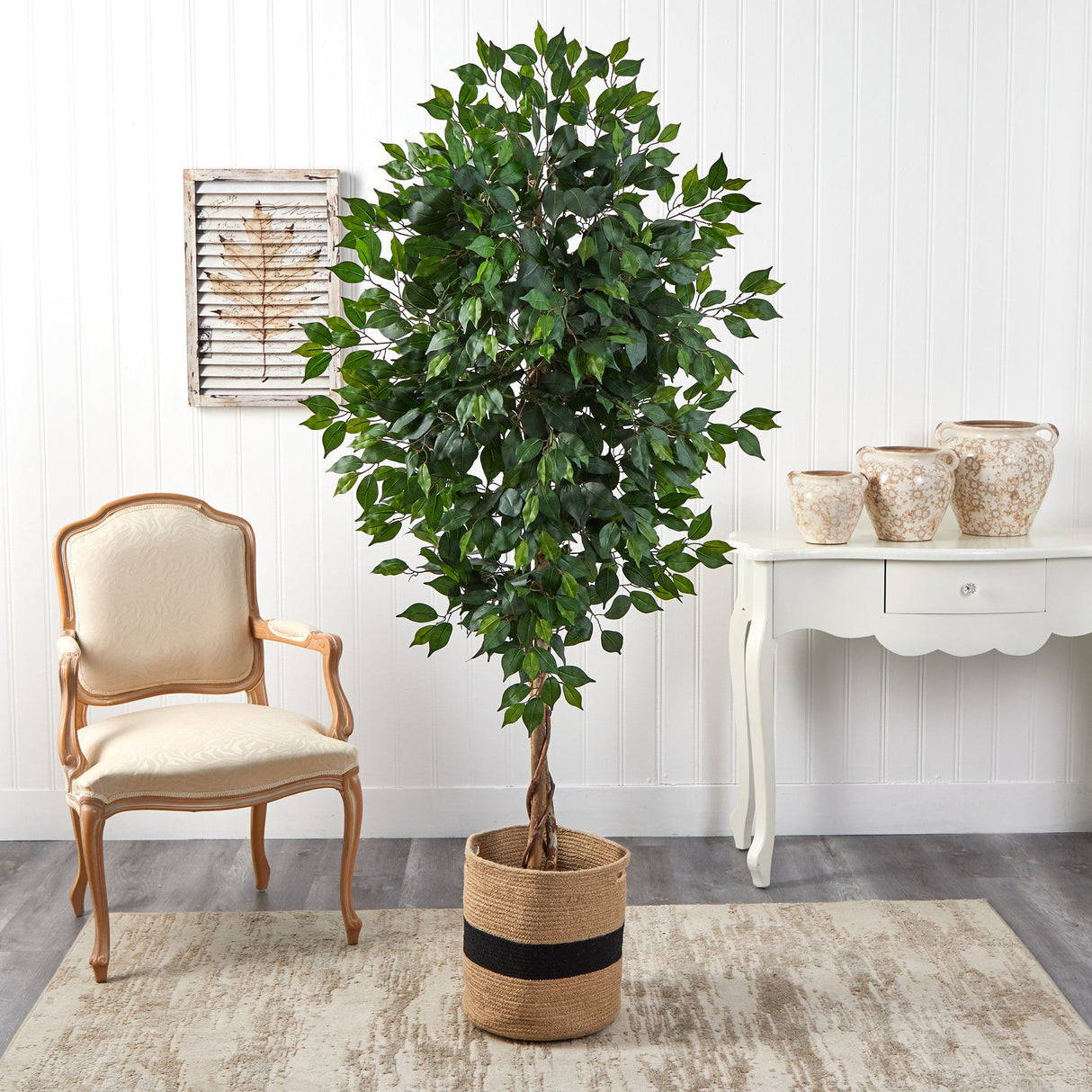 6’ Ficus Artificial Tree with Natural Trunk in Handmade Natural Cotton Planter-Parc Decor