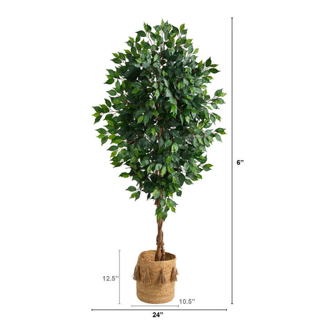 6’ Ficus Artificial Tree with Natural Trunk in Handmade Natural Jute Planter with Tassels-Parc Decor