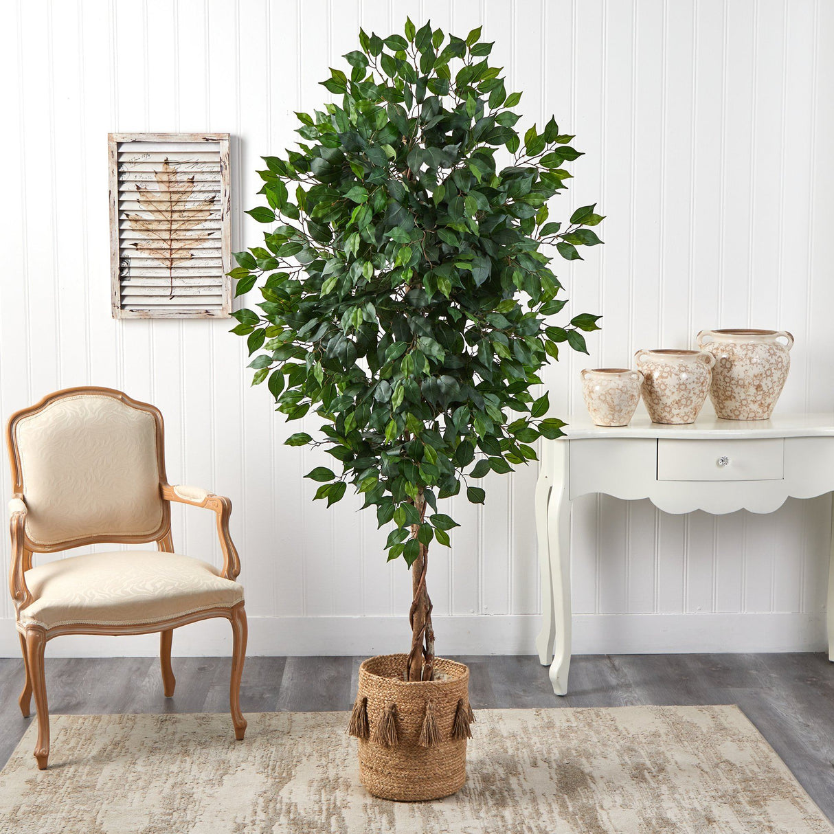 6’ Ficus Artificial Tree with Natural Trunk in Handmade Natural Jute Planter with Tassels-Parc Decor