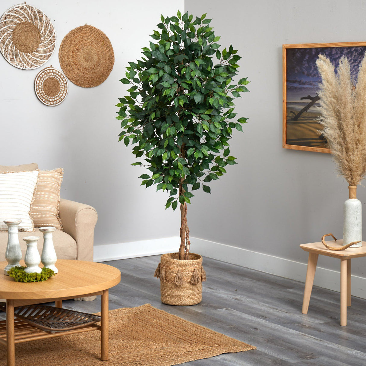 6’ Ficus Artificial Tree with Natural Trunk in Handmade Natural Jute Planter with Tassels-Parc Decor