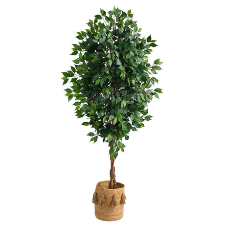 6’ Ficus Artificial Tree with Natural Trunk in Handmade Natural Jute Planter with Tassels-Parc Decor