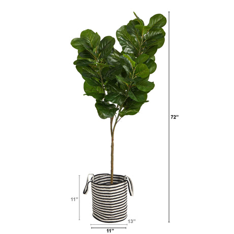 6’ Fiddle Leaf Fig Artificial Tree in Handmade Black and White Natural Jute and Cotton Planter-Parc Decor