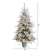 6’ Flocked Long Vermont Pine Tree with 758 Branches and 250 LED Lights in Decorative Planter-Parc Decor